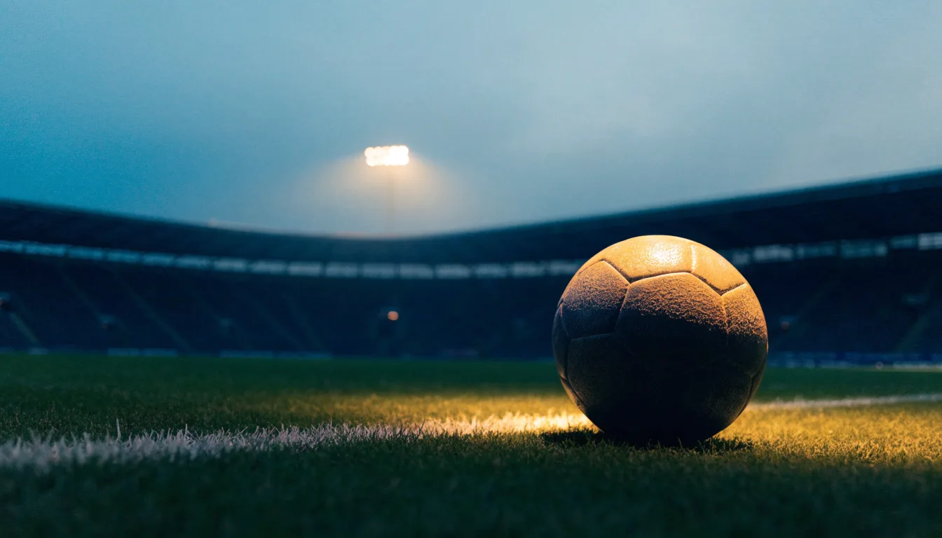 Ein Fußball liegt auf einem Rasenplatz in der Dämmerung, im Hintergrund ein ferner Stadionrand unter Flutlicht.