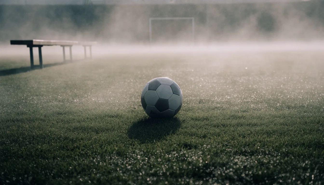 Ein Fußball liegt in der Mitte eines leeren Rasenplatzes im Morgennebel, am Rand steht eine einzelne Auswechselbank.